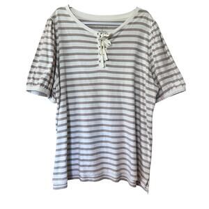 Talbots Striped Top Tunic Tan/Cream Stripe SZ 3X Corset Tie Boho Chic Nautical